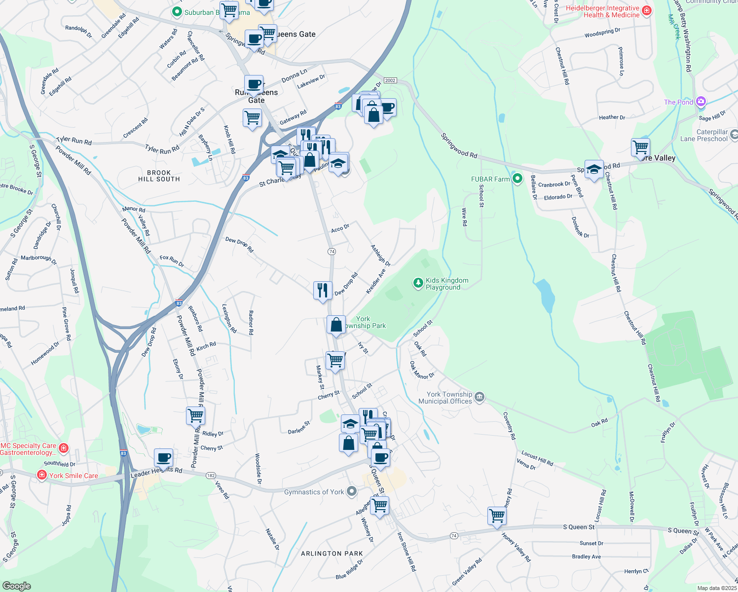 map of restaurants, bars, coffee shops, grocery stores, and more near 136 Kreidler Avenue in York