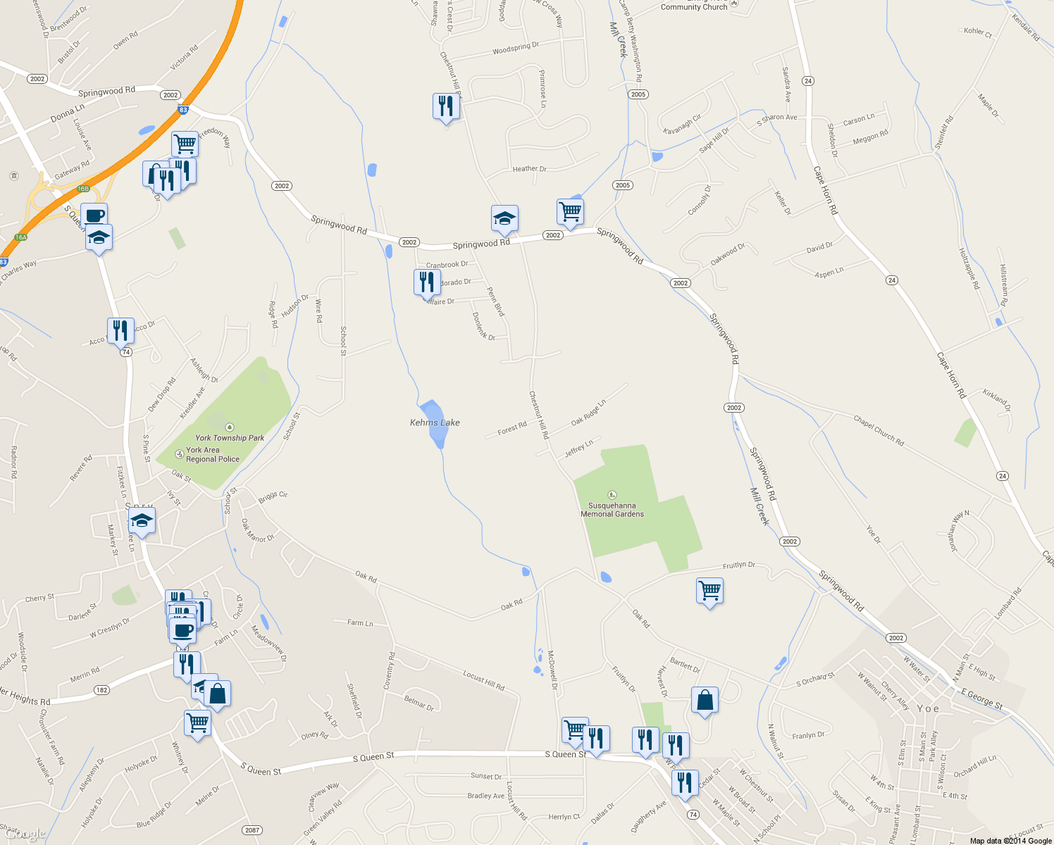map of restaurants, bars, coffee shops, grocery stores, and more near 2690 Forest Road in York