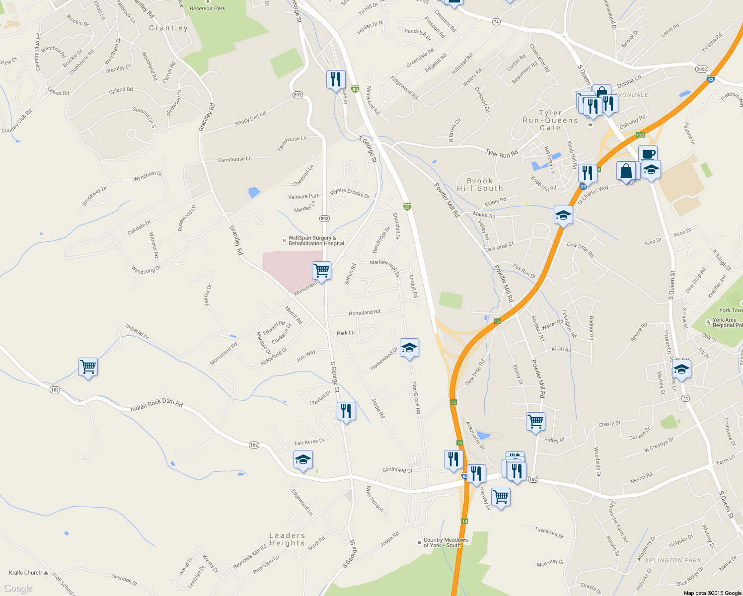 map of restaurants, bars, coffee shops, grocery stores, and more near 2400 Sutton Road in York