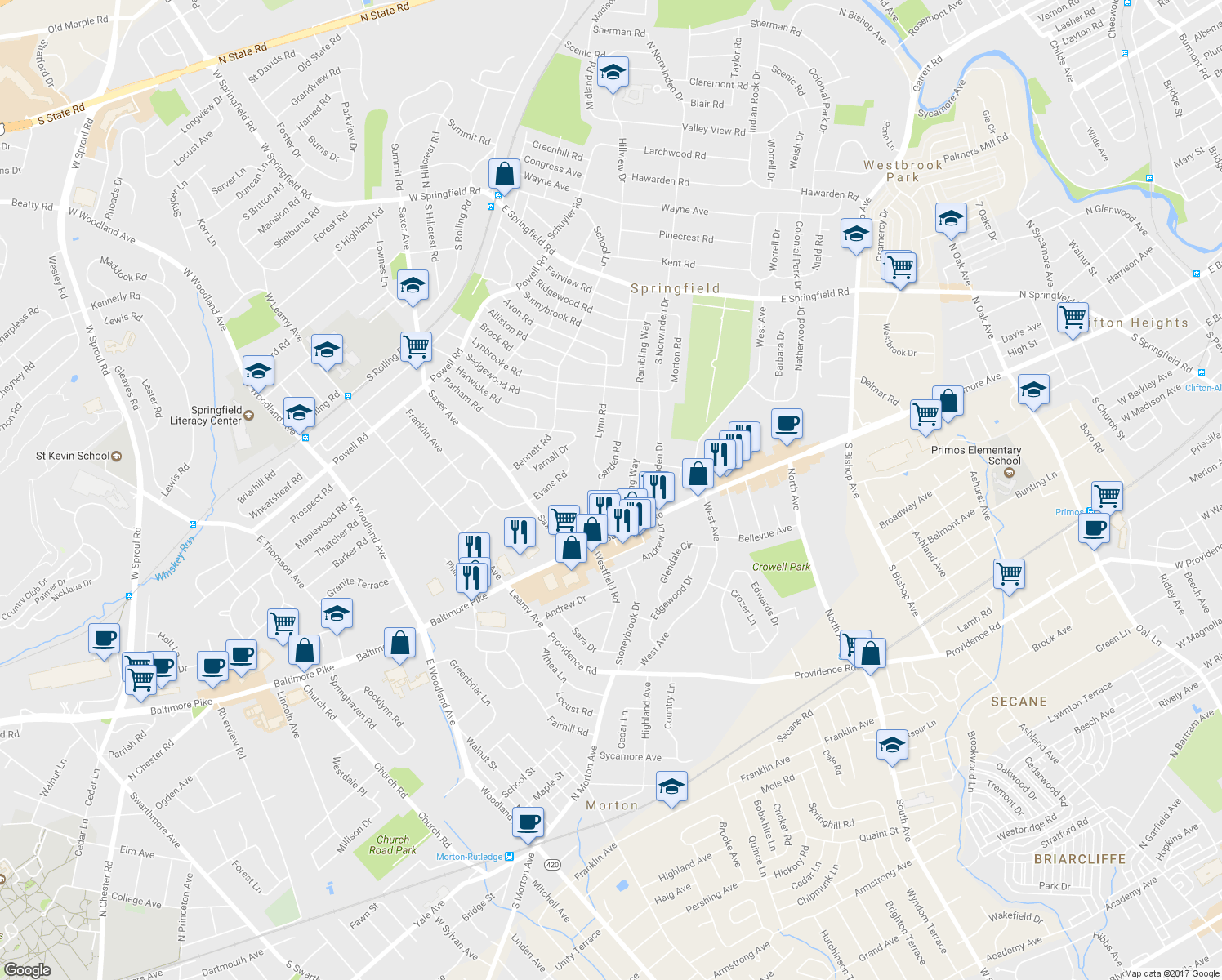 map of restaurants, bars, coffee shops, grocery stores, and more near 417 Garden Road in Springfield