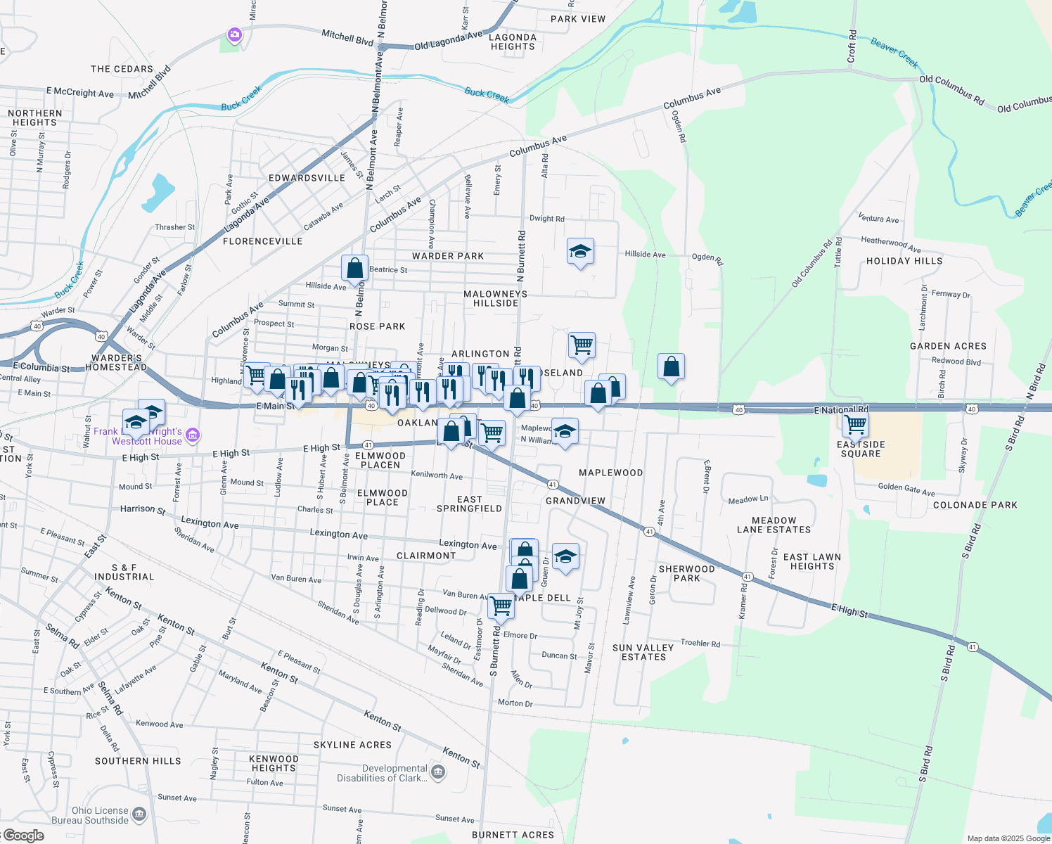 map of restaurants, bars, coffee shops, grocery stores, and more near 2614 Maplewood Ave in Springfield