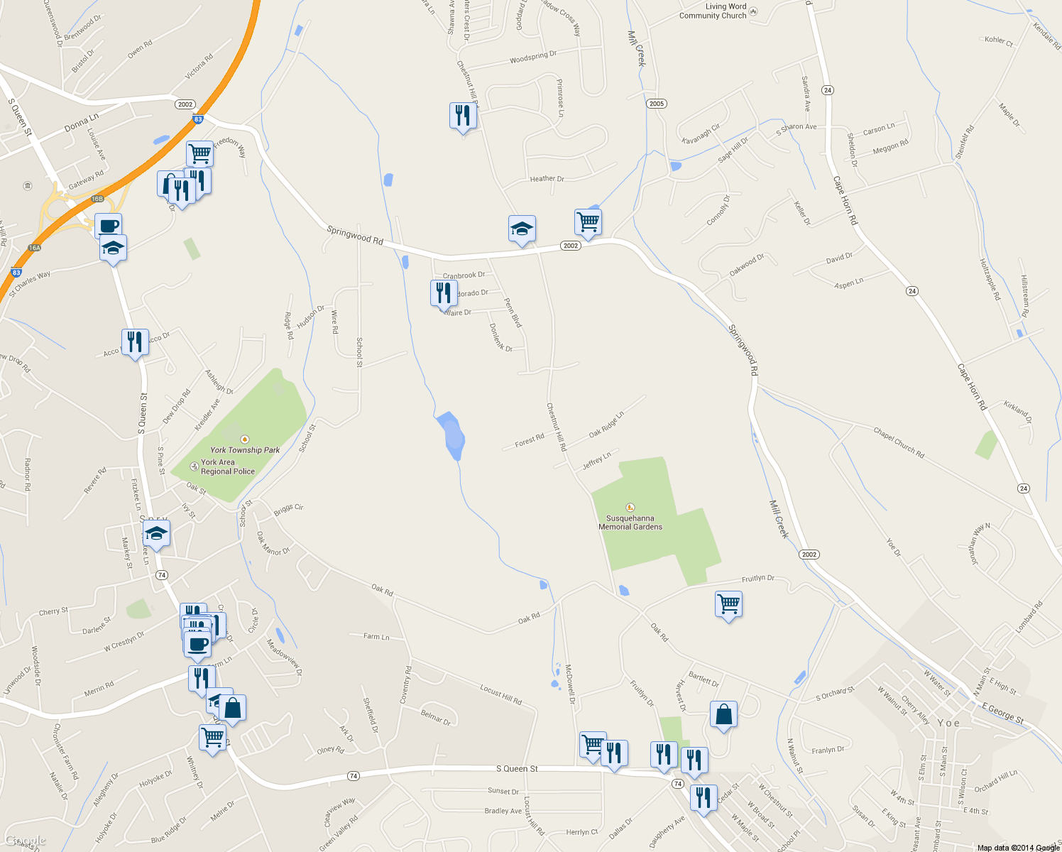 map of restaurants, bars, coffee shops, grocery stores, and more near 2685 Forest Road in York