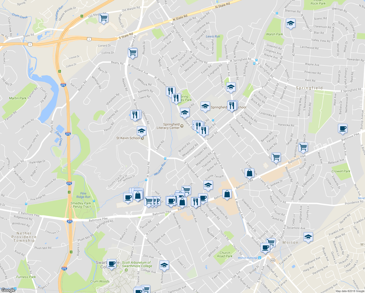 map of restaurants, bars, coffee shops, grocery stores, and more near 476 Briarhill Road in Springfield