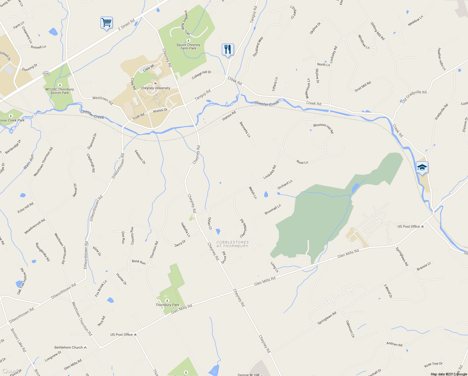 map of restaurants, bars, coffee shops, grocery stores, and more near 177 Locksley Road in Glen Mills