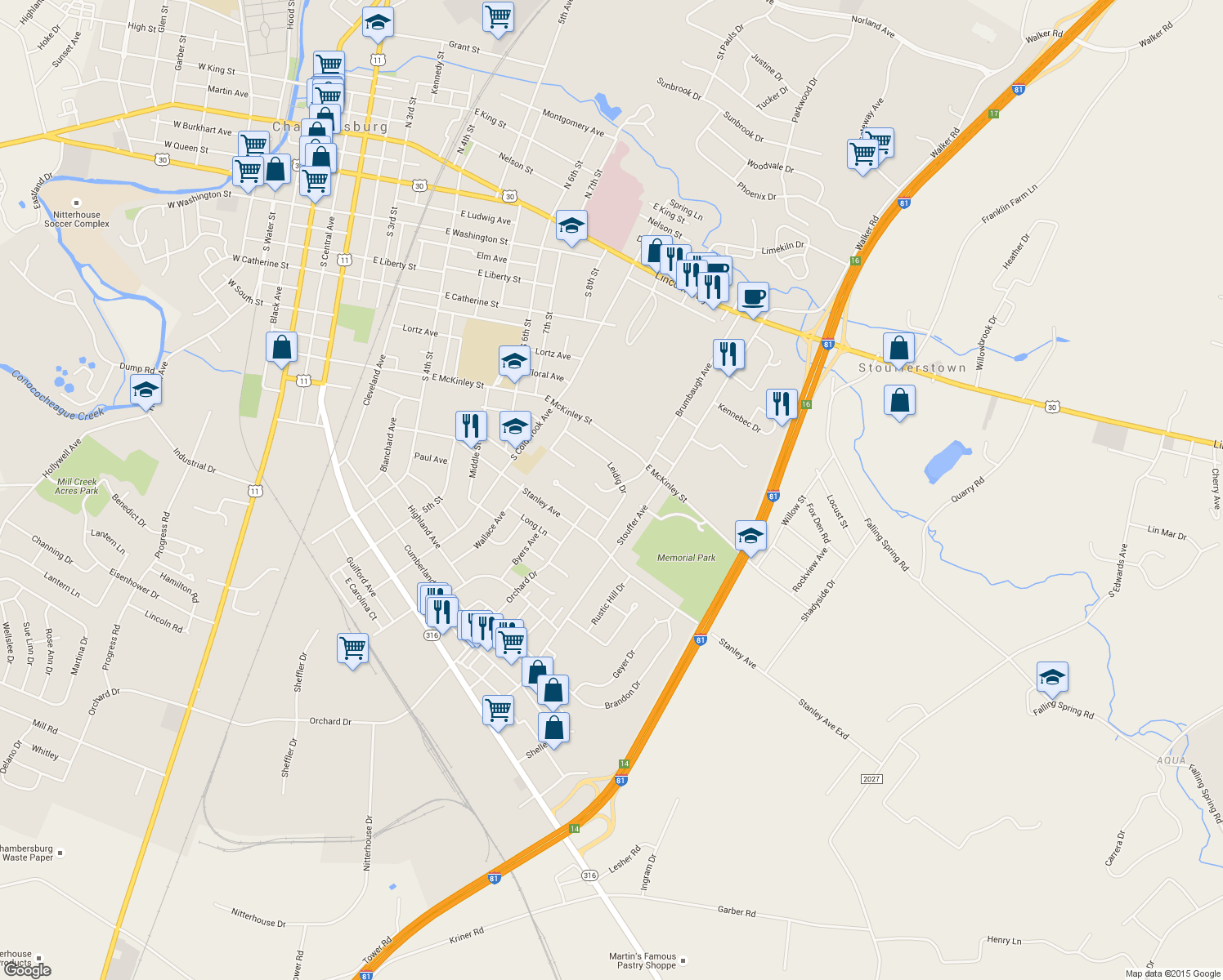 map of restaurants, bars, coffee shops, grocery stores, and more near 727 Orchard Court in Chambersburg