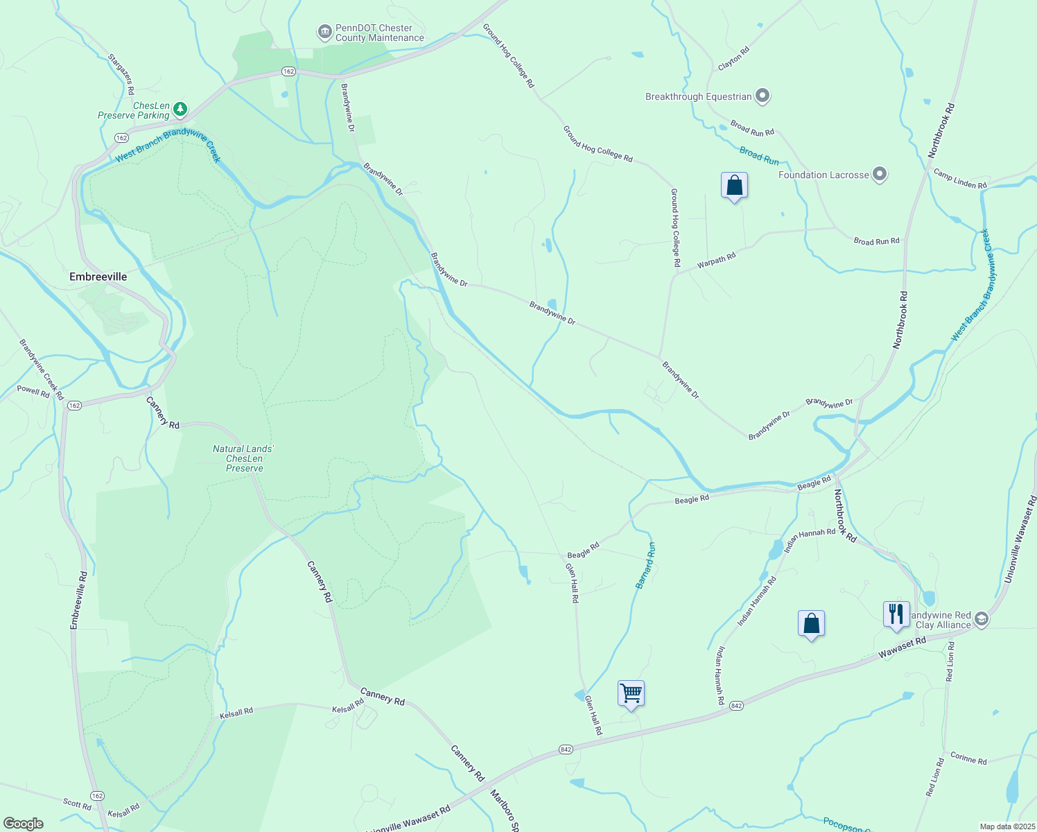 map of restaurants, bars, coffee shops, grocery stores, and more near 404 Brandywine Drive in West Chester