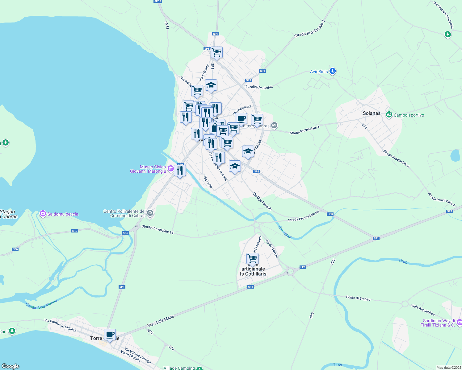 map of restaurants, bars, coffee shops, grocery stores, and more near 87 Via Giacomo Leopardi in Cabras