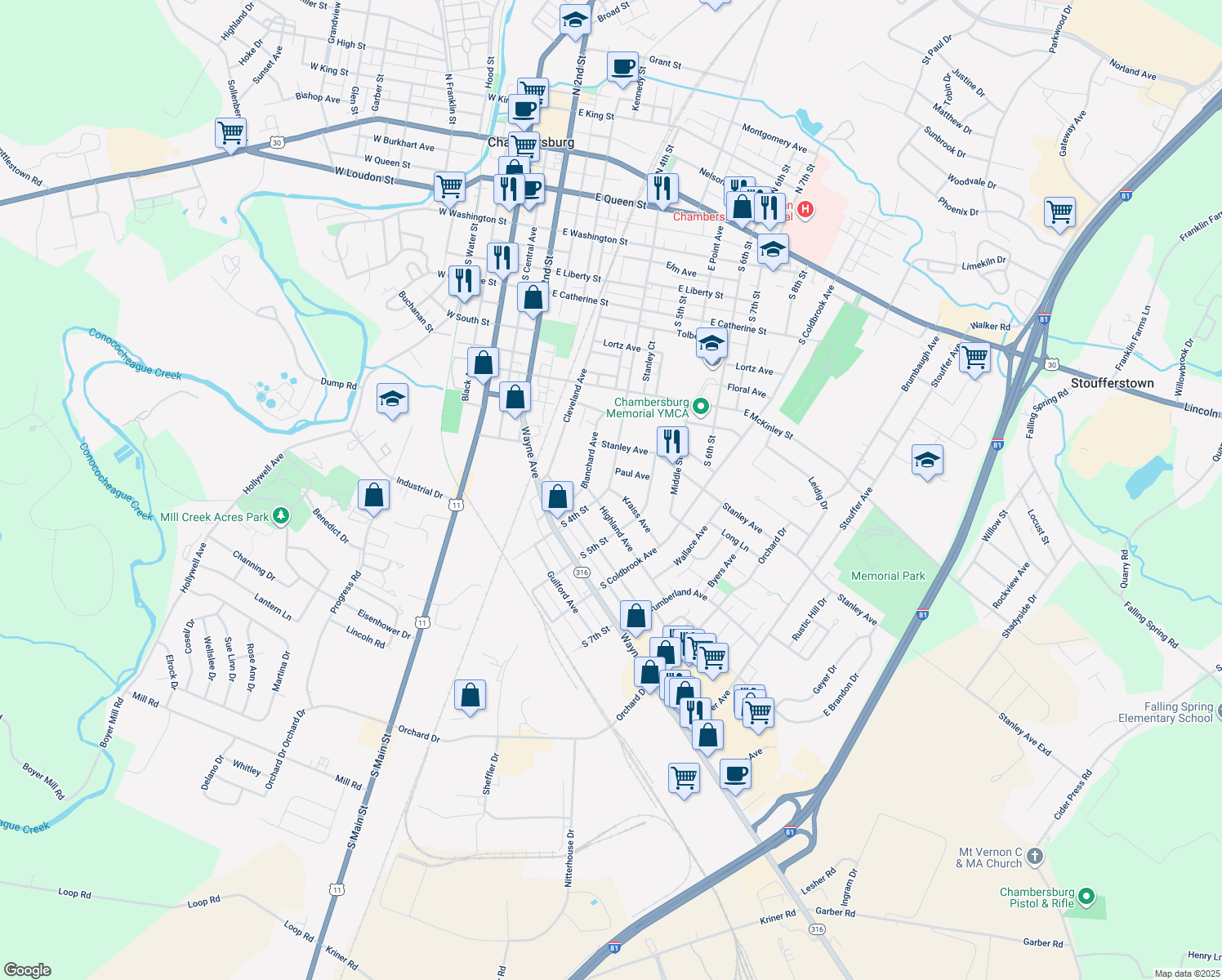 map of restaurants, bars, coffee shops, grocery stores, and more near 407 Kraiss Avenue in Chambersburg