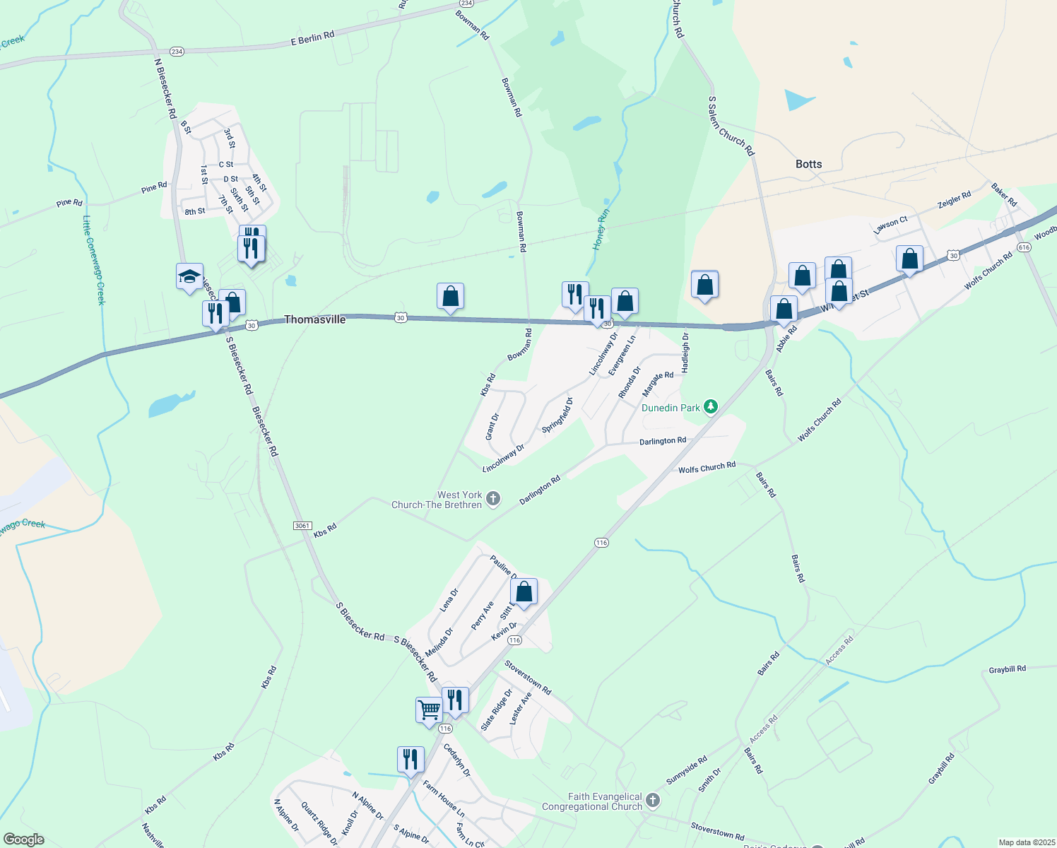 map of restaurants, bars, coffee shops, grocery stores, and more near 390 Lincolnway Drive in York