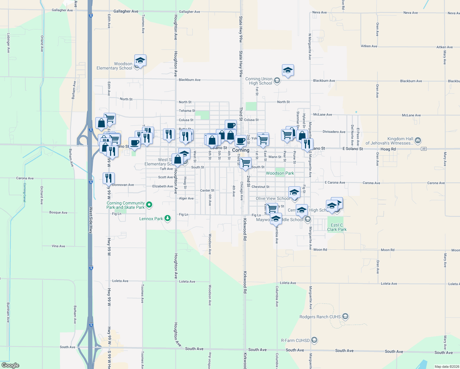 map of restaurants, bars, coffee shops, grocery stores, and more near 1212 4th Avenue in Corning