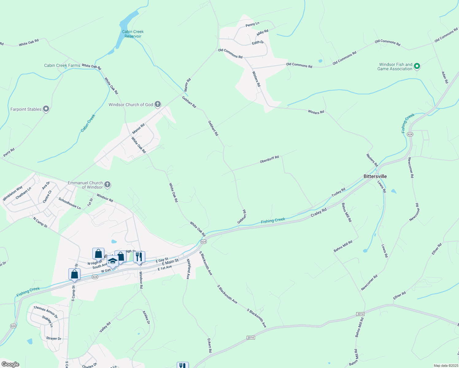 map of restaurants, bars, coffee shops, grocery stores, and more near 1025 Gebhart Rd in Windsor