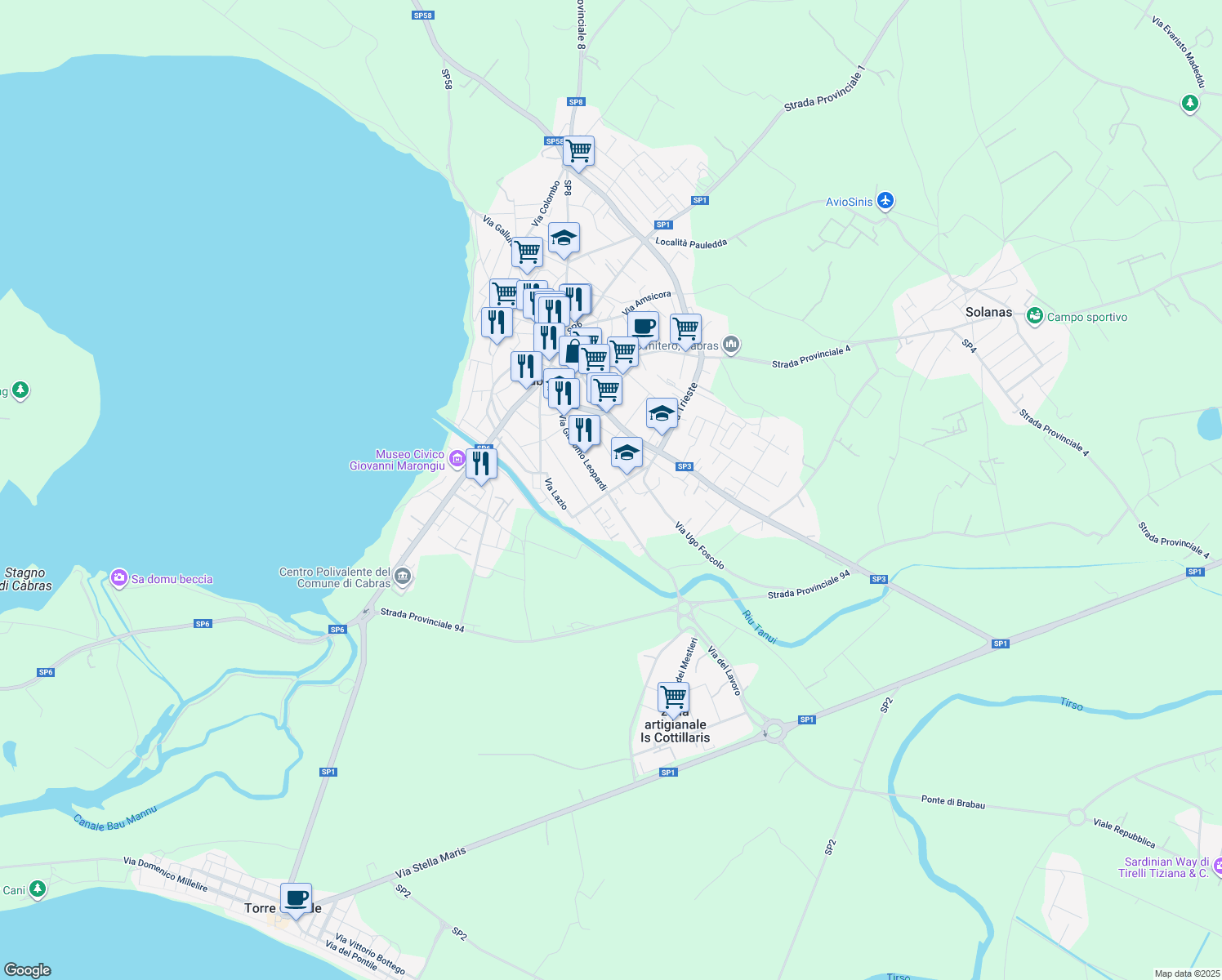 map of restaurants, bars, coffee shops, grocery stores, and more near 87 Via Giacomo Leopardi in Cabras