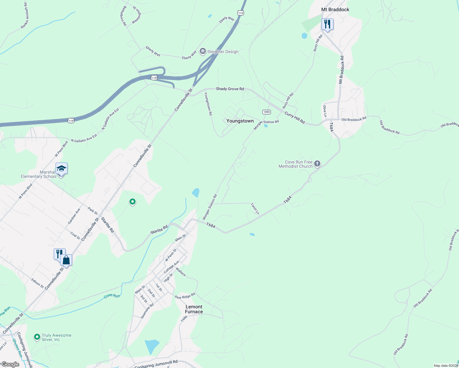 map of restaurants, bars, coffee shops, grocery stores, and more near 126 Fiddlers Green Rd in Lemont Furnace