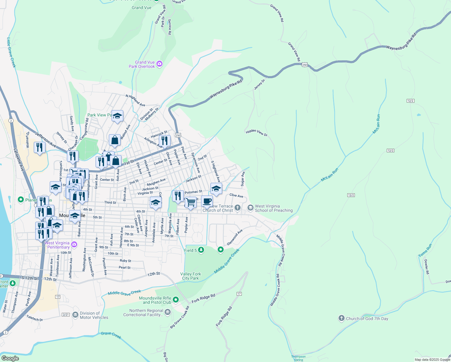 map of restaurants, bars, coffee shops, grocery stores, and more near 162 Harmony Dr in Moundsville