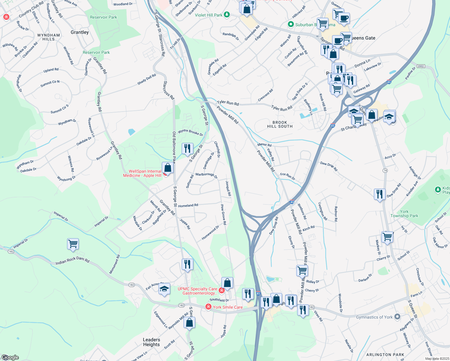 map of restaurants, bars, coffee shops, grocery stores, and more near 2305 Jonquil Road in York
