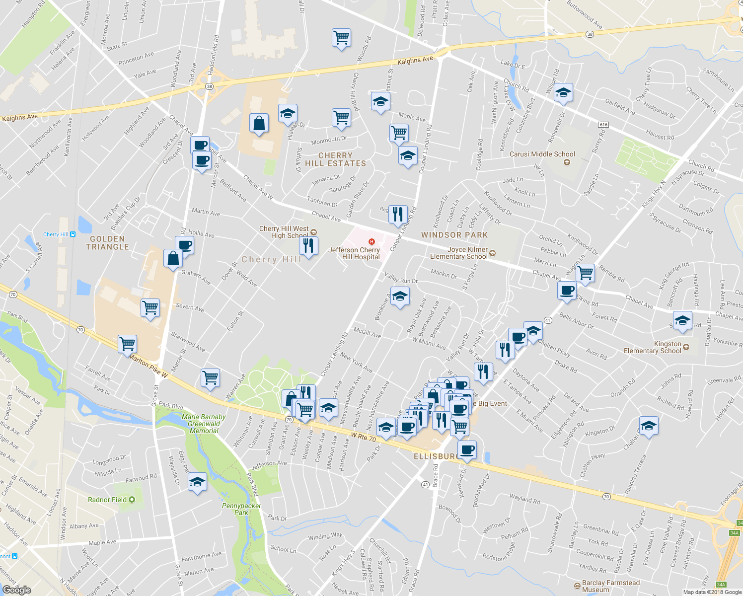 map of restaurants, bars, coffee shops, grocery stores, and more near 503 Playa Del Sol in Cherry Hill