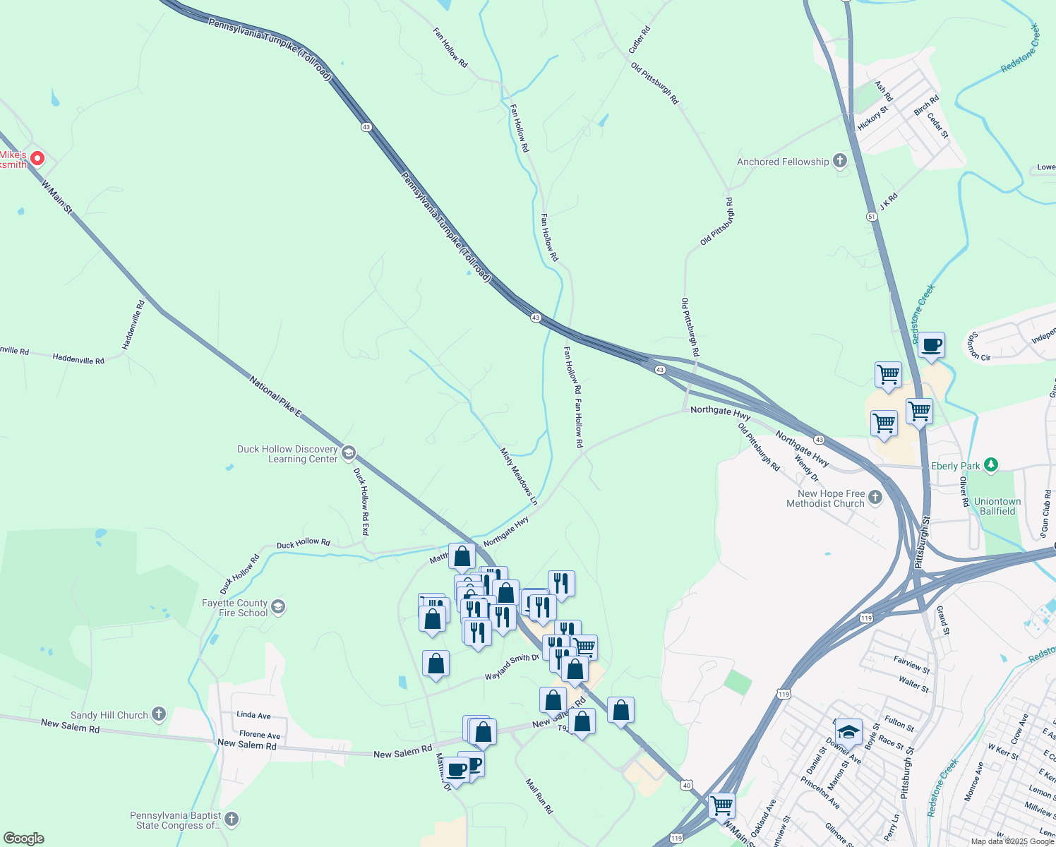 map of restaurants, bars, coffee shops, grocery stores, and more near 48 Misty Meadows Ln in Uniontown