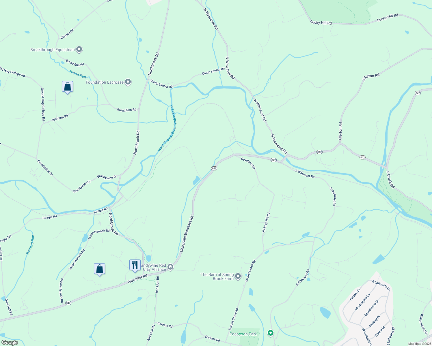 map of restaurants, bars, coffee shops, grocery stores, and more near 1520 Unionville Wawaset Road in West Chester