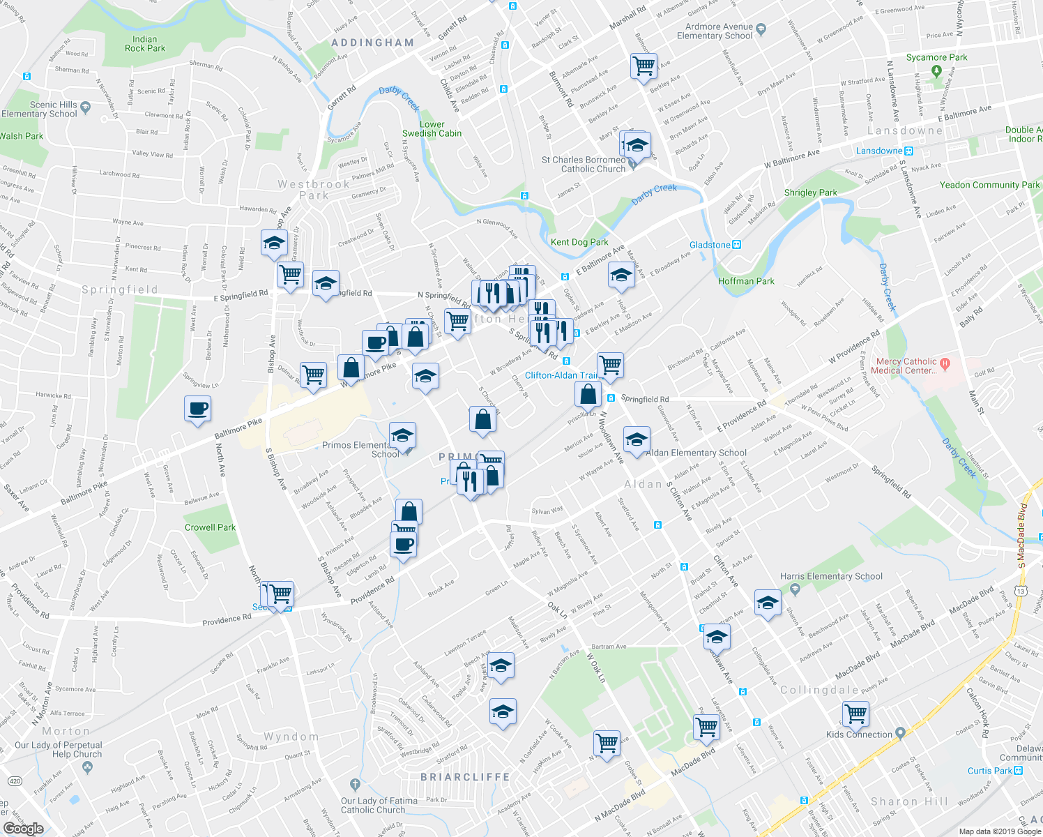 map of restaurants, bars, coffee shops, grocery stores, and more near 129 Willowbrook Road in Clifton Heights