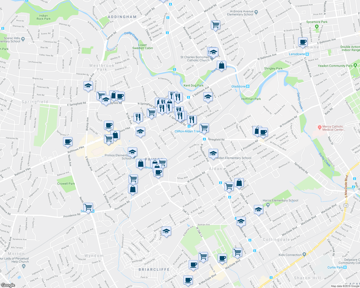 map of restaurants, bars, coffee shops, grocery stores, and more near 527 Cherry Street in Clifton Heights