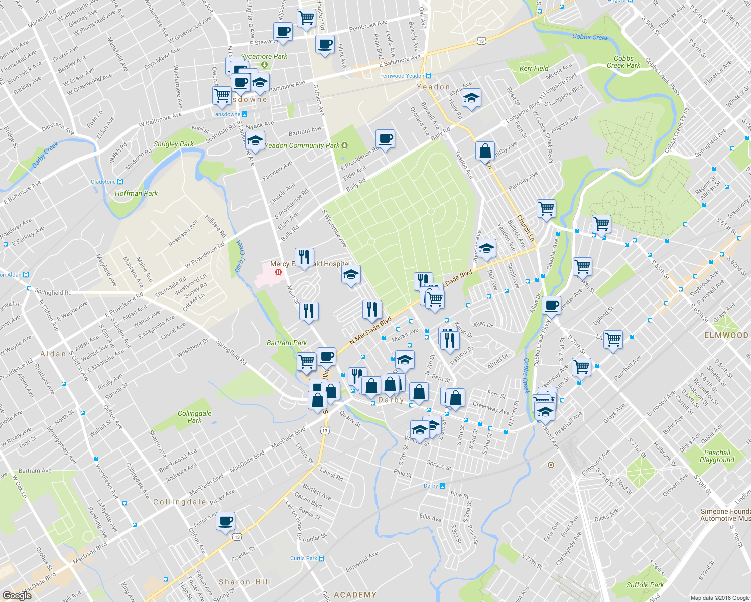 map of restaurants, bars, coffee shops, grocery stores, and more near 1158 Wycombe Avenue in Darby