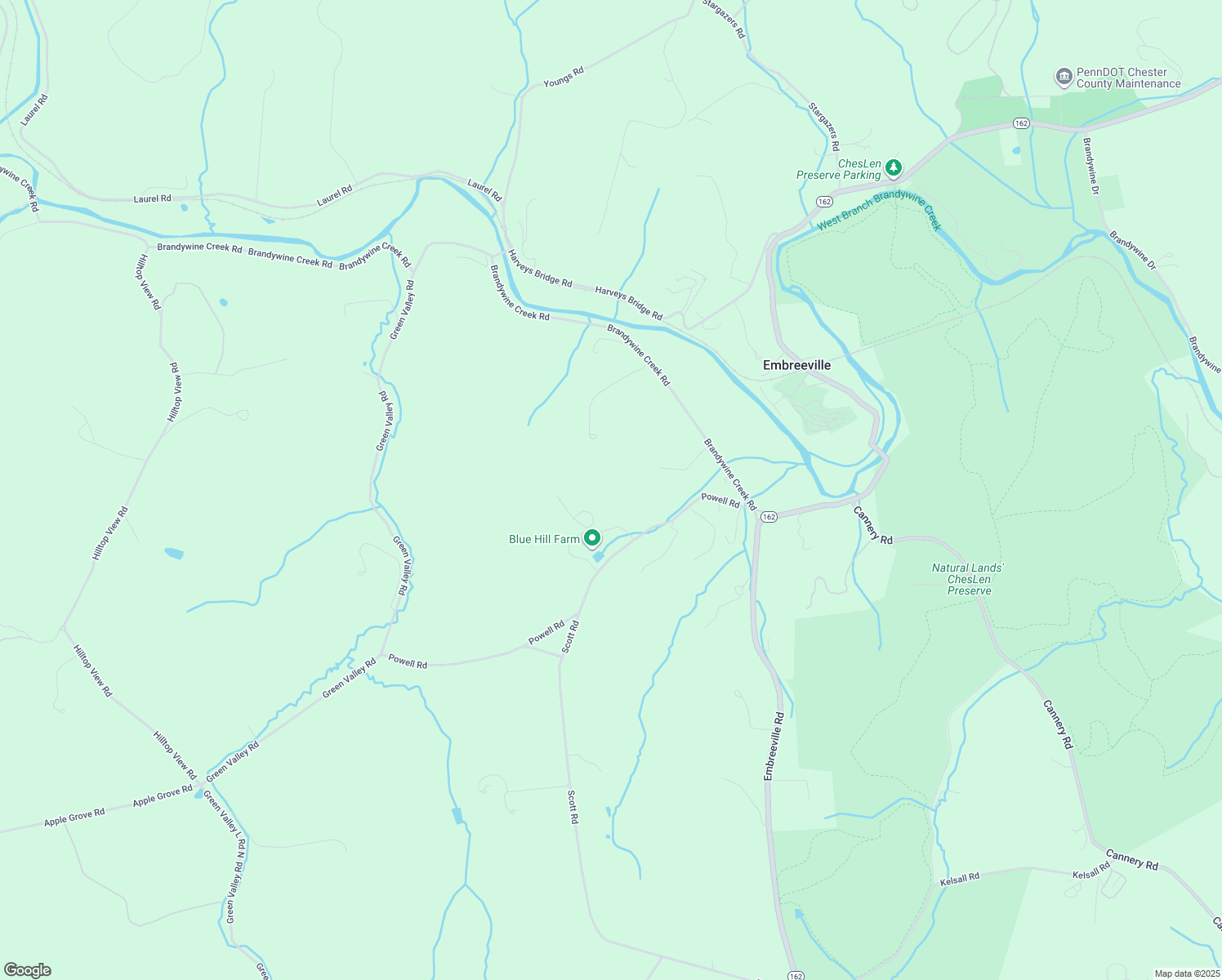 map of restaurants, bars, coffee shops, grocery stores, and more near 1521 Powell Road in Coatesville