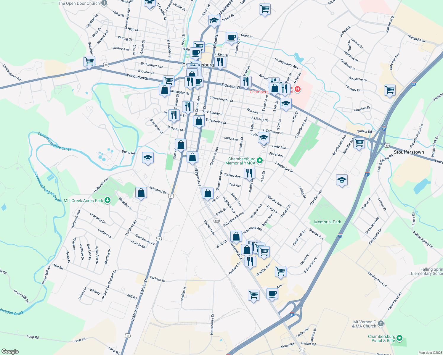 map of restaurants, bars, coffee shops, grocery stores, and more near 820 Blanchard Avenue in Chambersburg