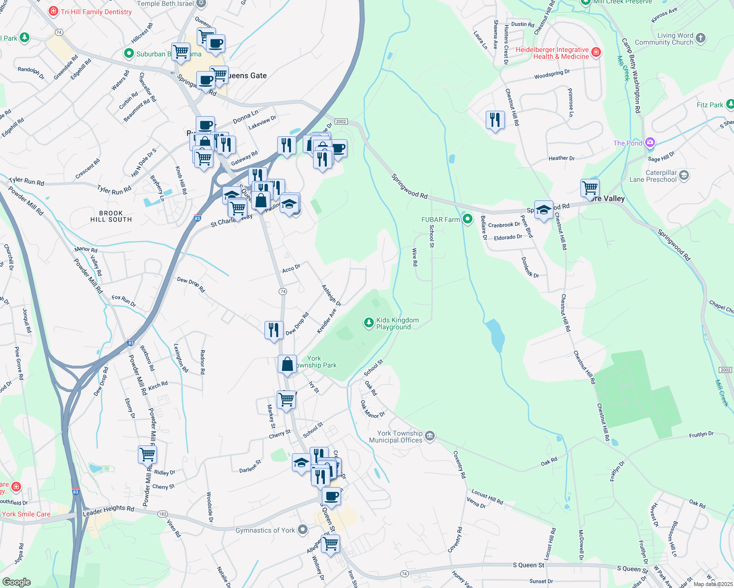 map of restaurants, bars, coffee shops, grocery stores, and more near 2350 Ashleigh Drive in York