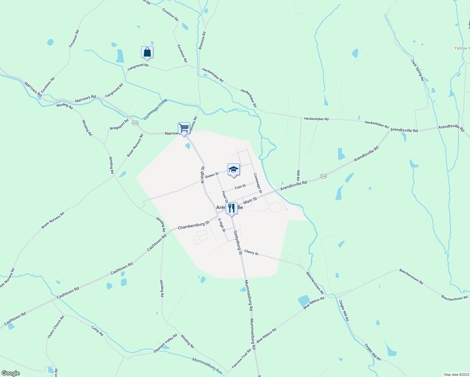 map of restaurants, bars, coffee shops, grocery stores, and more near 122 Fohl Street in Biglerville