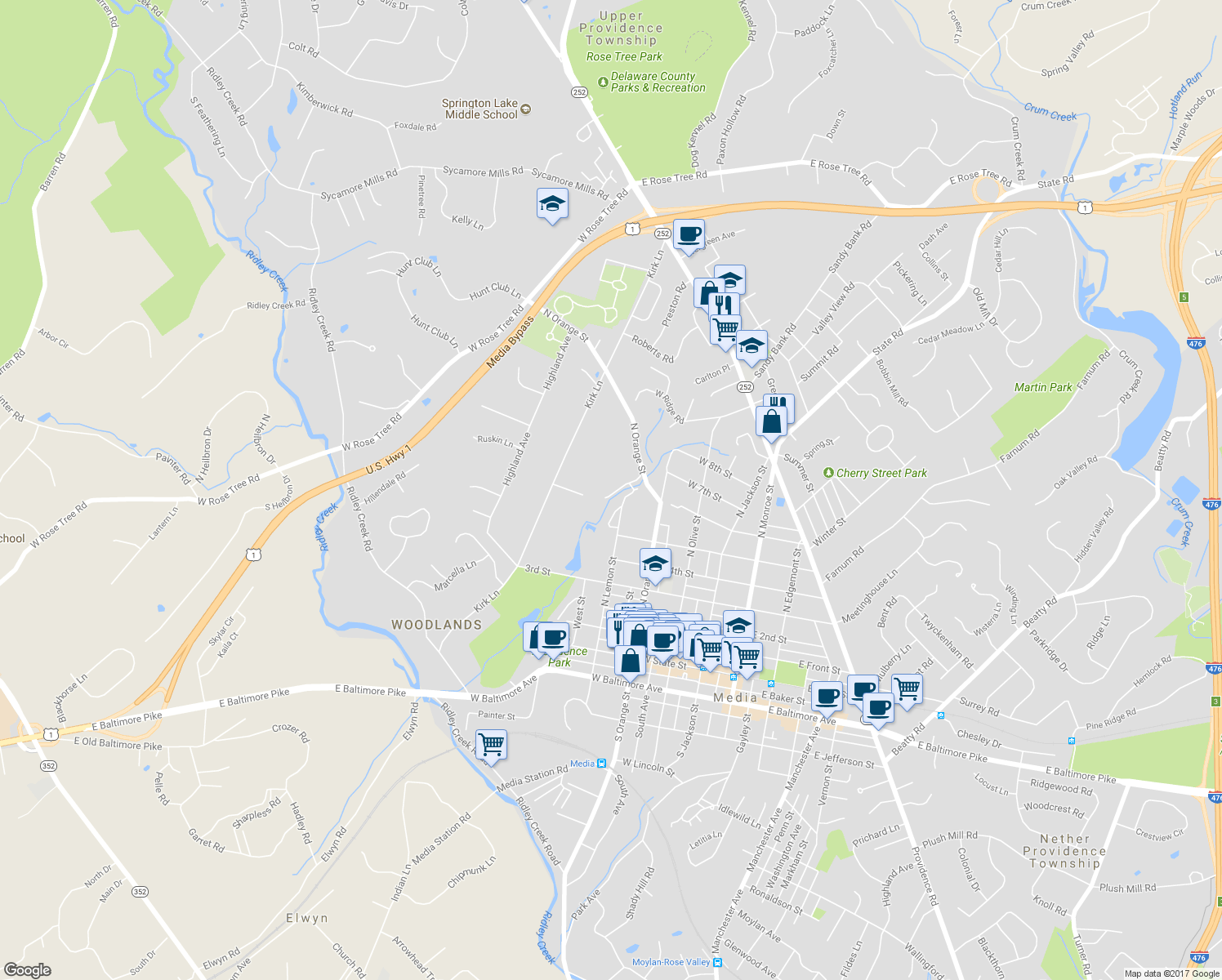 map of restaurants, bars, coffee shops, grocery stores, and more near 606 North Lemon Street in Media