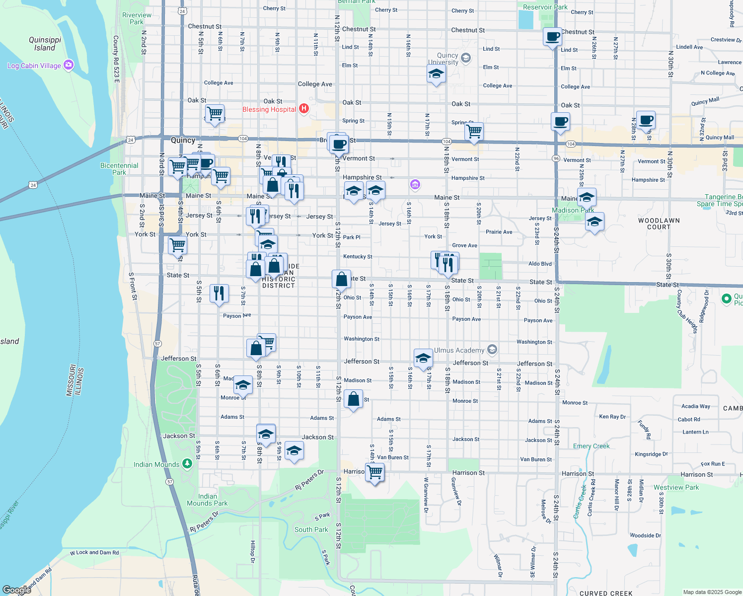 map of restaurants, bars, coffee shops, grocery stores, and more near 599 S 14th St in Quincy