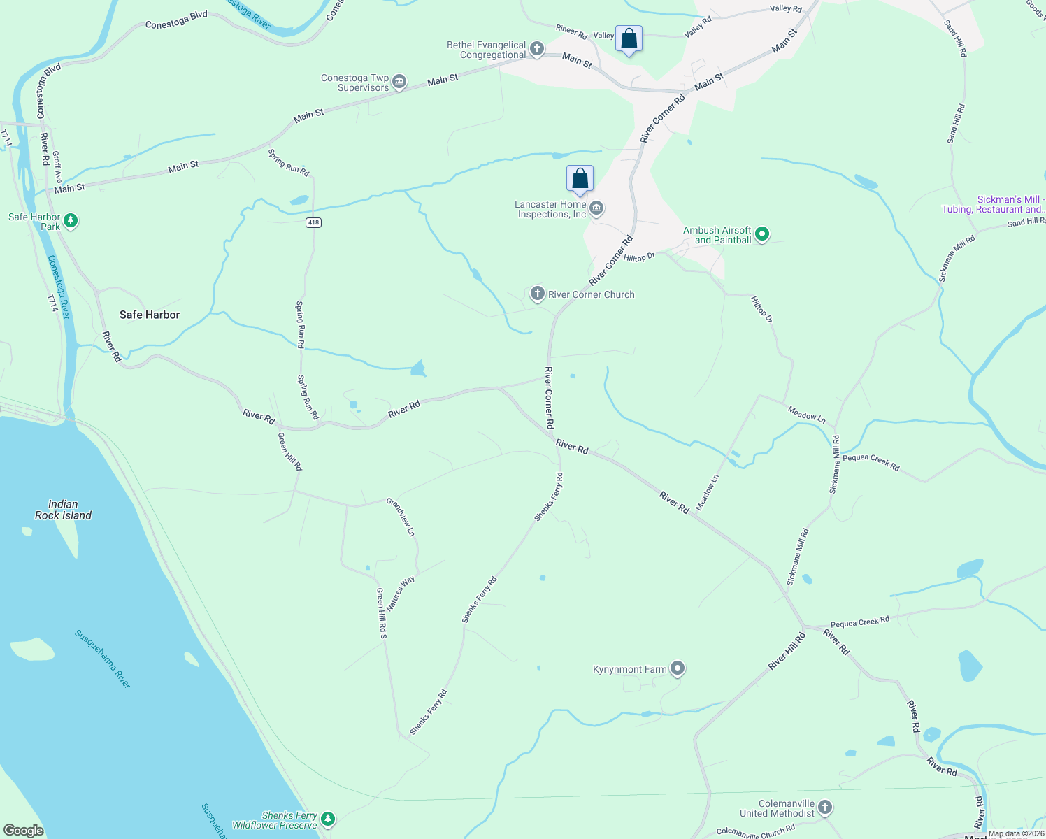 map of restaurants, bars, coffee shops, grocery stores, and more near 6363 River Road in Conestoga