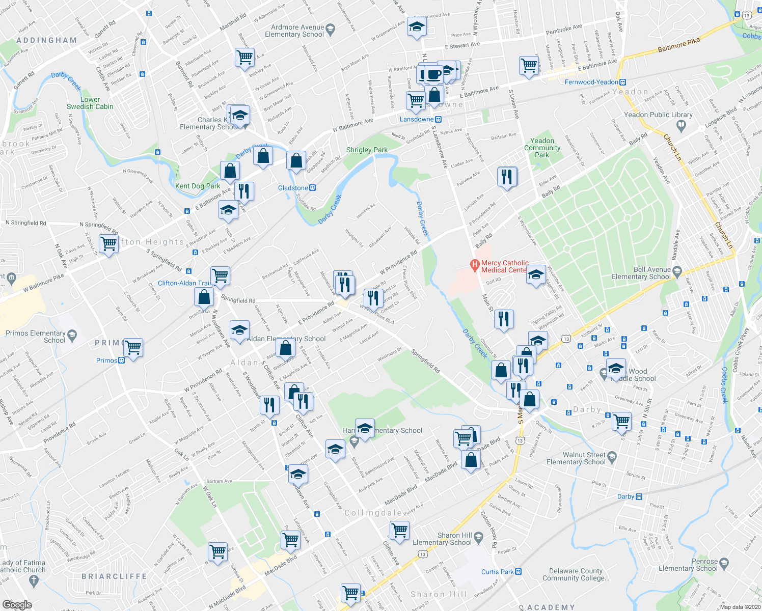 map of restaurants, bars, coffee shops, grocery stores, and more near 726 Surrey Road in Aldan