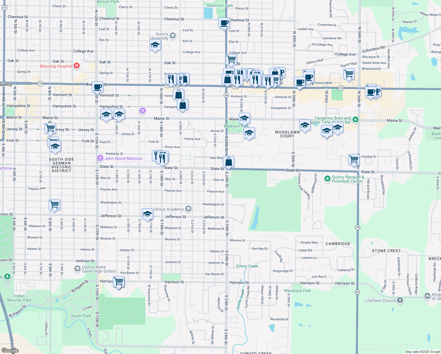 map of restaurants, bars, coffee shops, grocery stores, and more near 2317 Ohio Street in Quincy