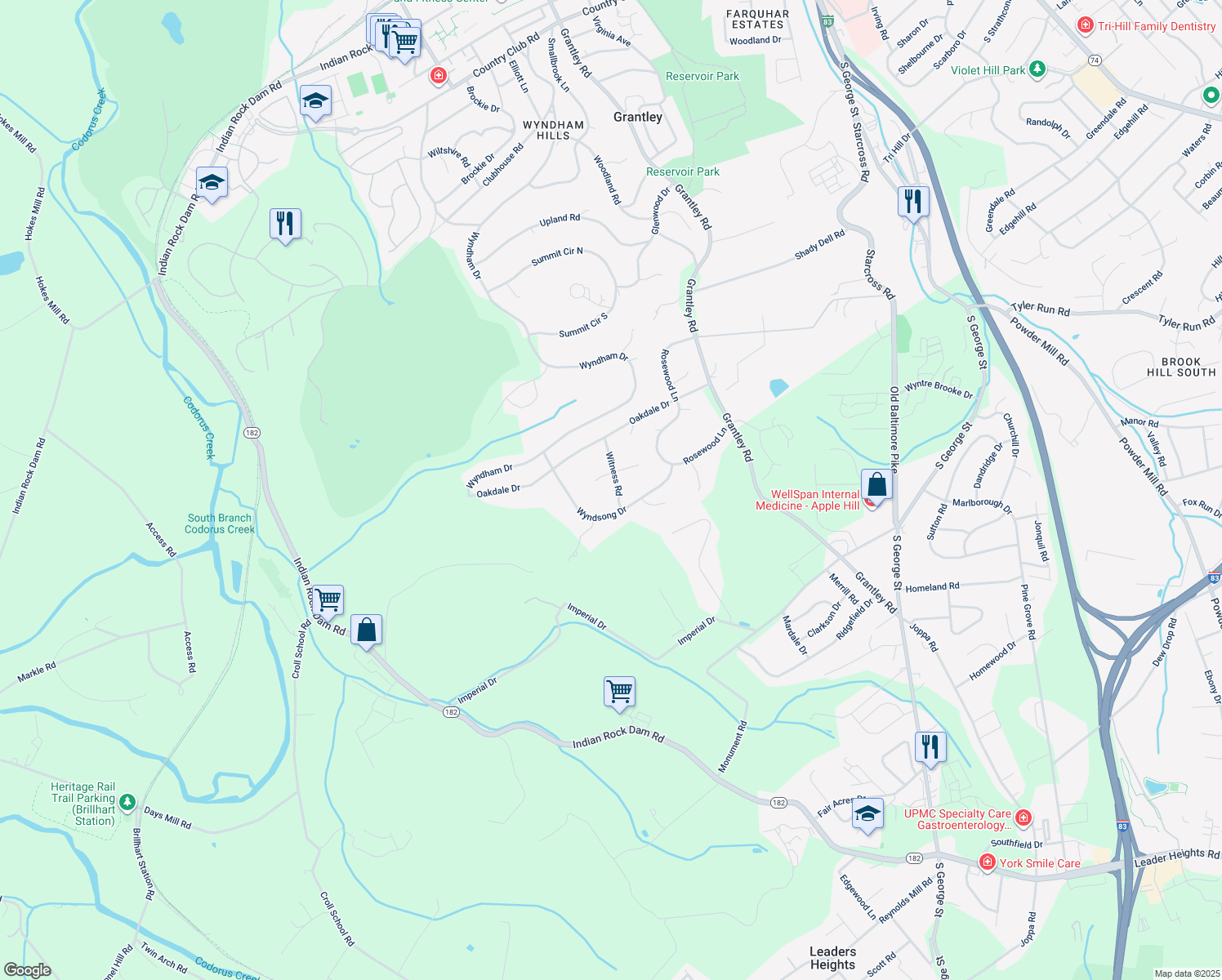 map of restaurants, bars, coffee shops, grocery stores, and more near 1950 Witness Road in York