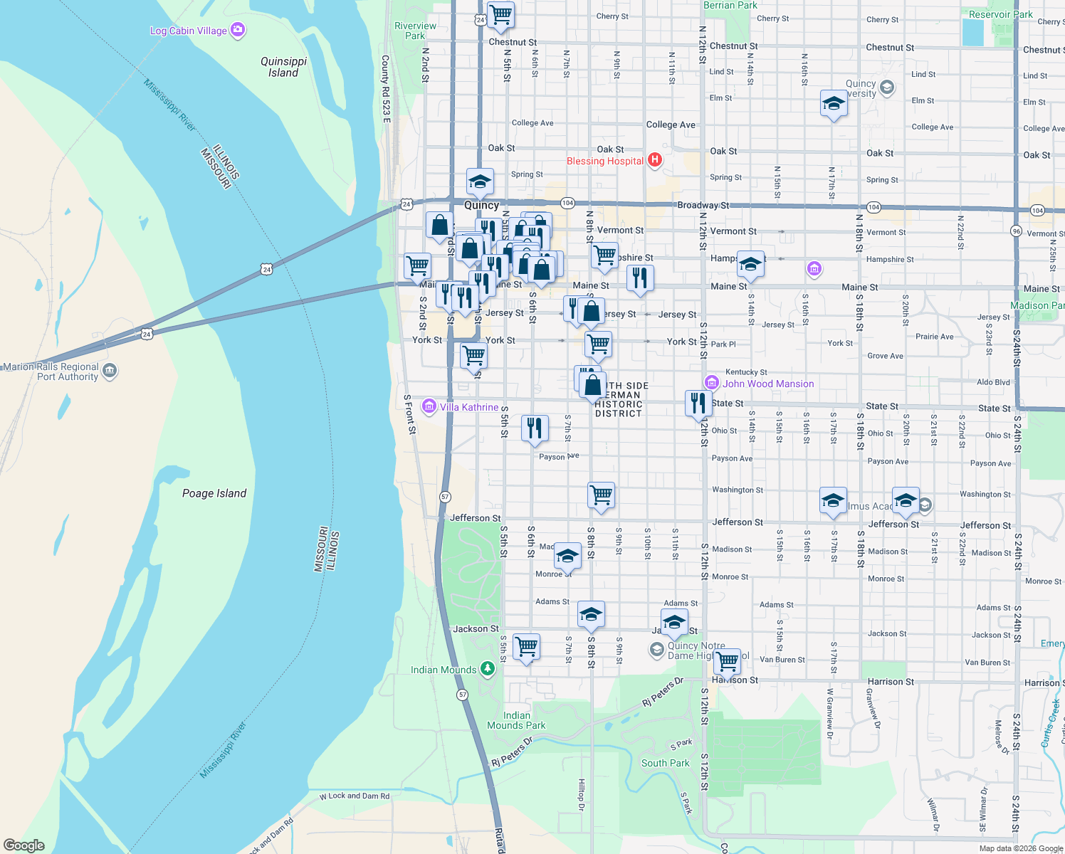 map of restaurants, bars, coffee shops, grocery stores, and more near 598 S 6th St in Quincy