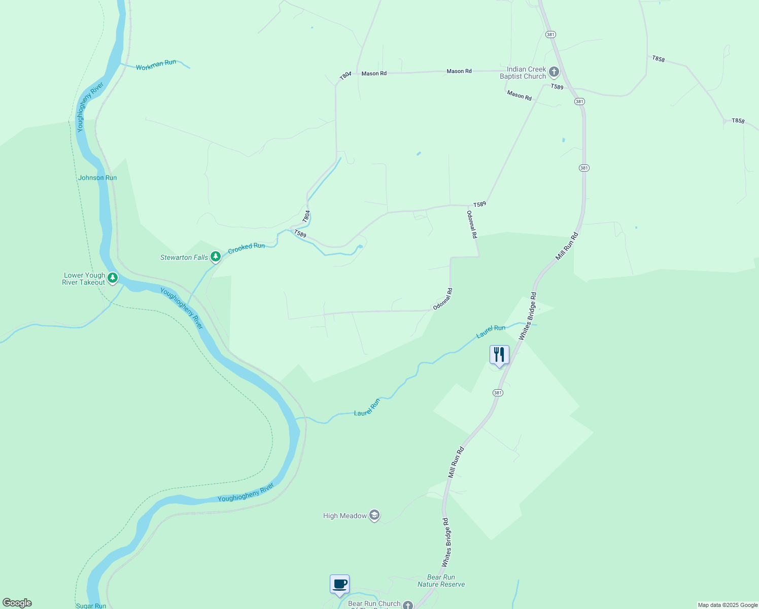 map of restaurants, bars, coffee shops, grocery stores, and more near 282 Odonnal Road in Mill Run