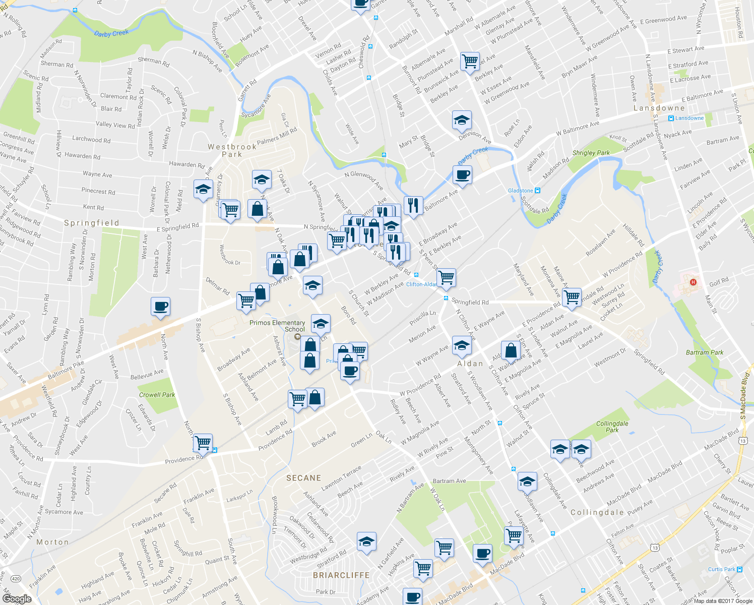 map of restaurants, bars, coffee shops, grocery stores, and more near 120 West Madison Avenue in Clifton Heights