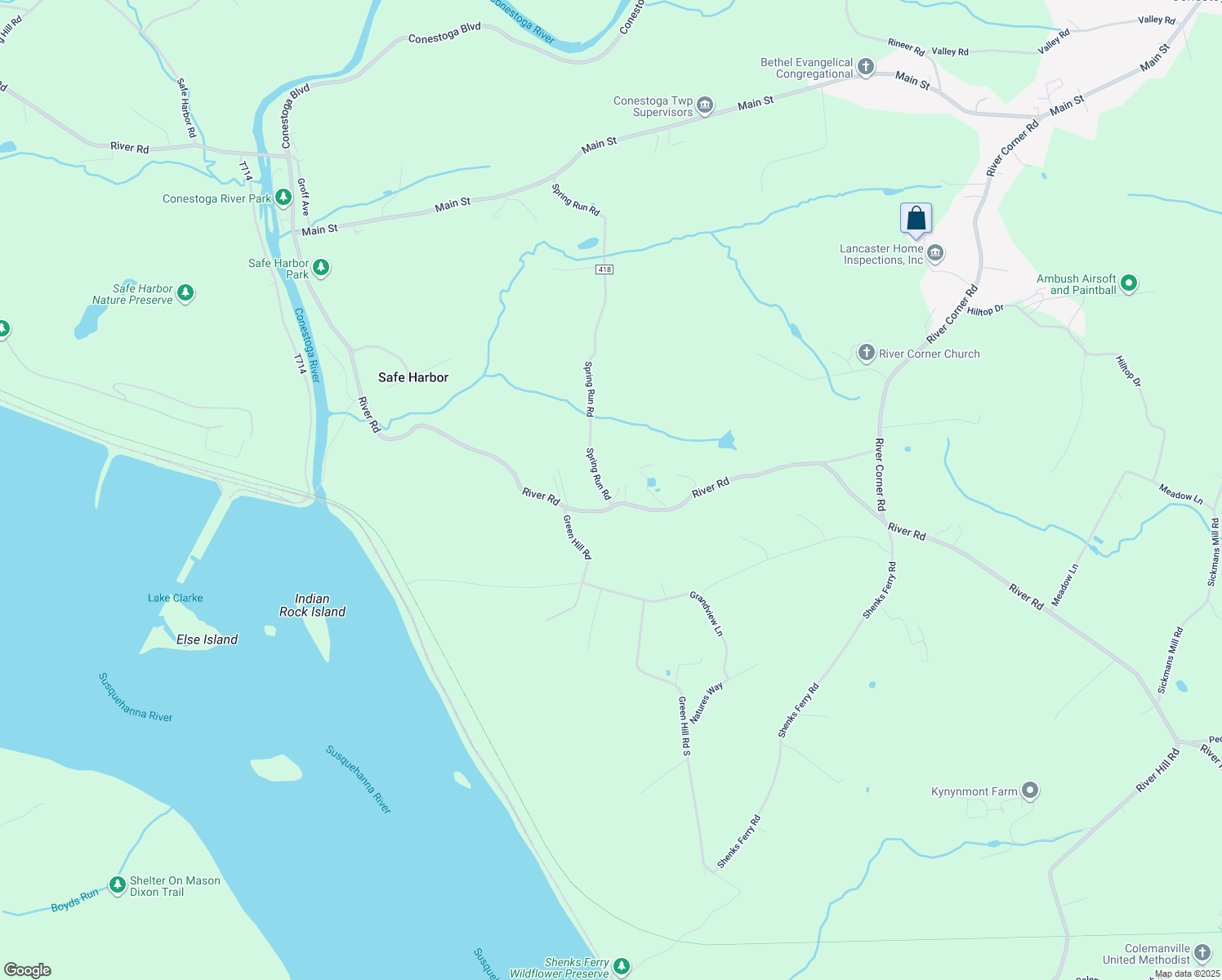 map of restaurants, bars, coffee shops, grocery stores, and more near 525 Spring Run Road in Conestoga