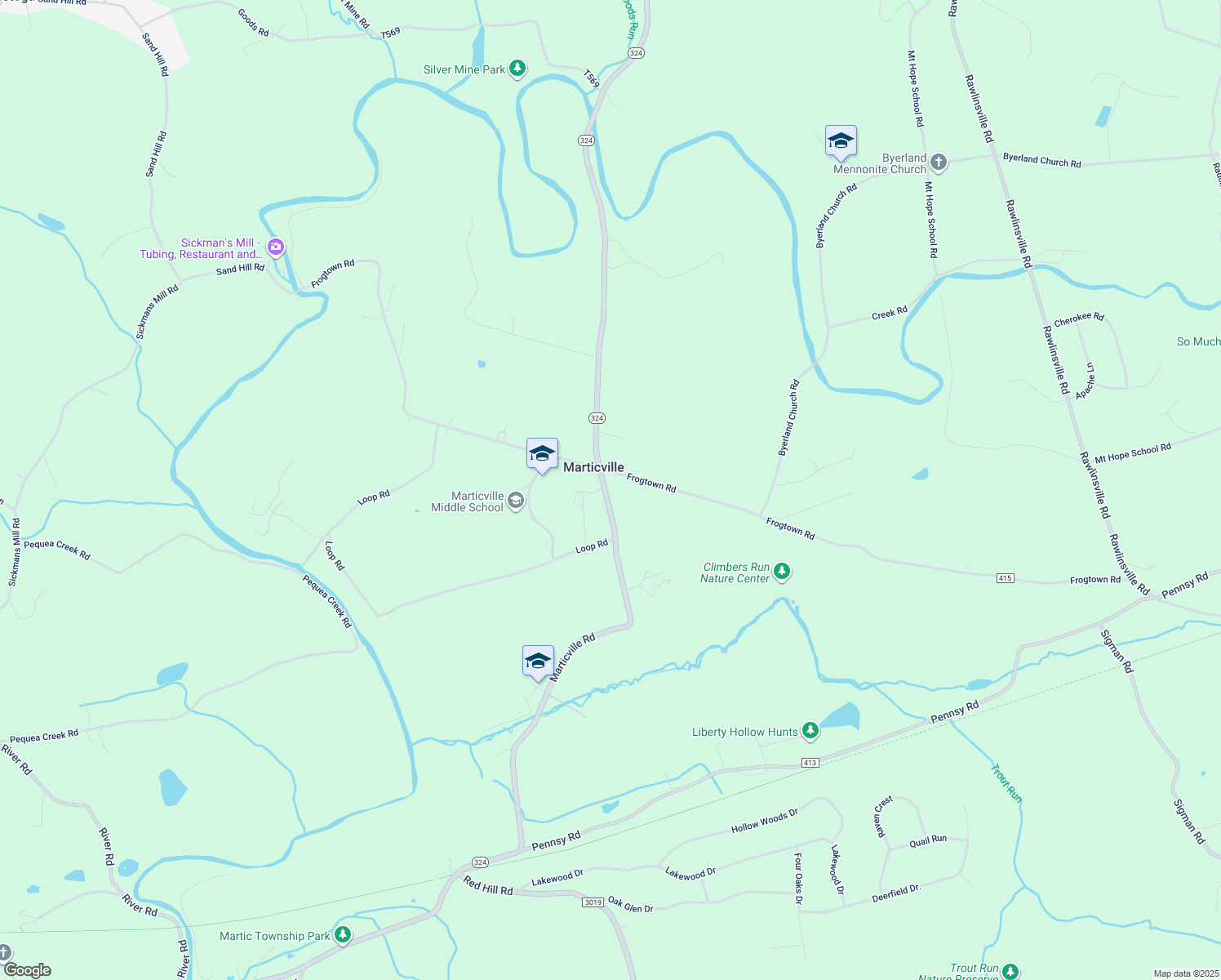 map of restaurants, bars, coffee shops, grocery stores, and more near 715 Marticville Road in Pequea