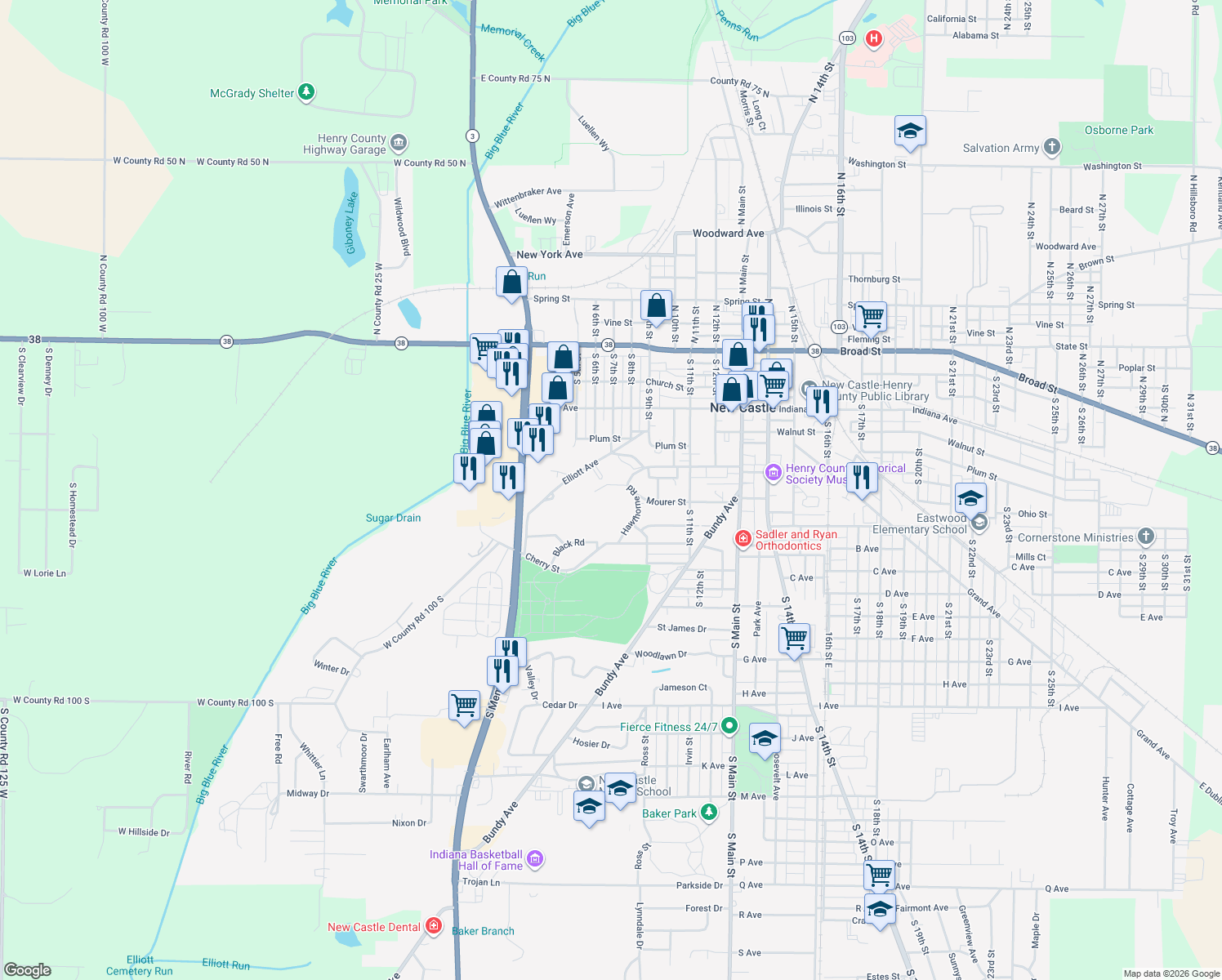 map of restaurants, bars, coffee shops, grocery stores, and more near 707 Leland St in New Castle