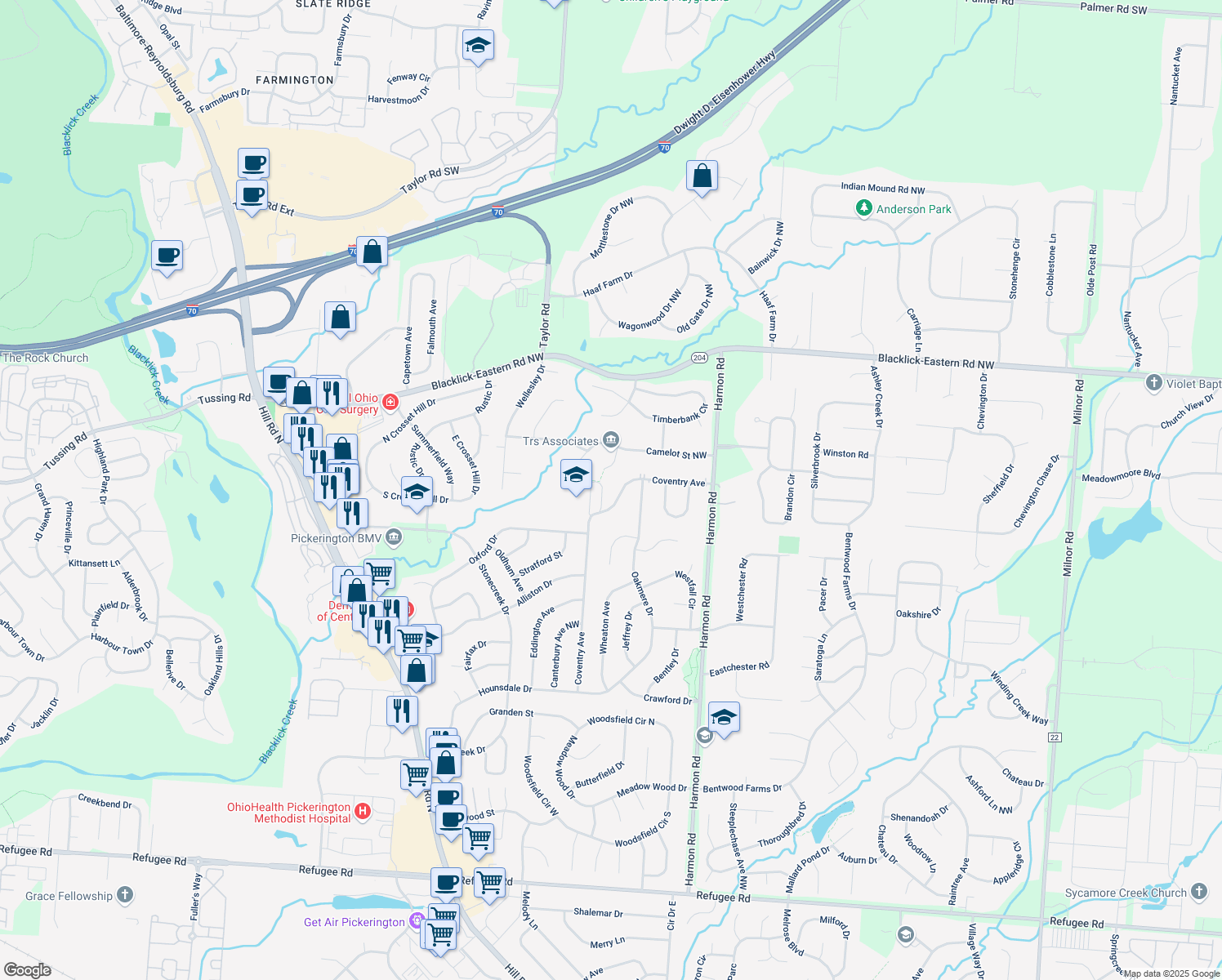 map of restaurants, bars, coffee shops, grocery stores, and more near 13059 Coventry Avenue in Pickerington