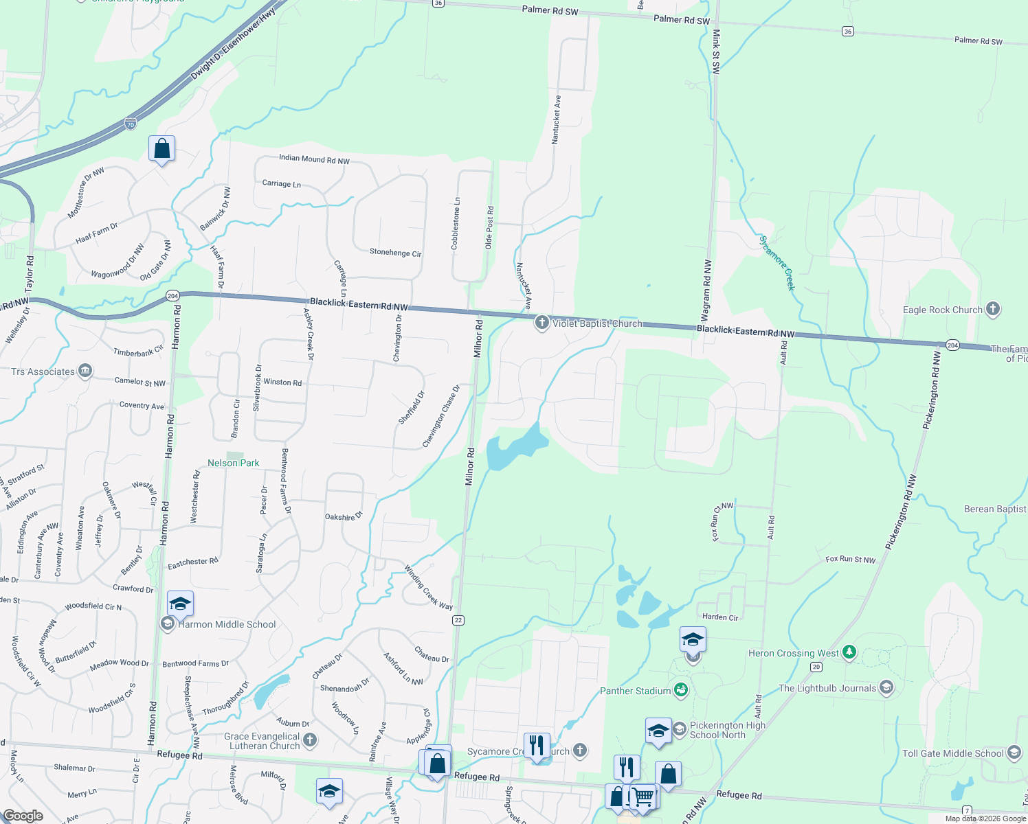 map of restaurants, bars, coffee shops, grocery stores, and more near 8358 Meadowmoore Place in Pickerington