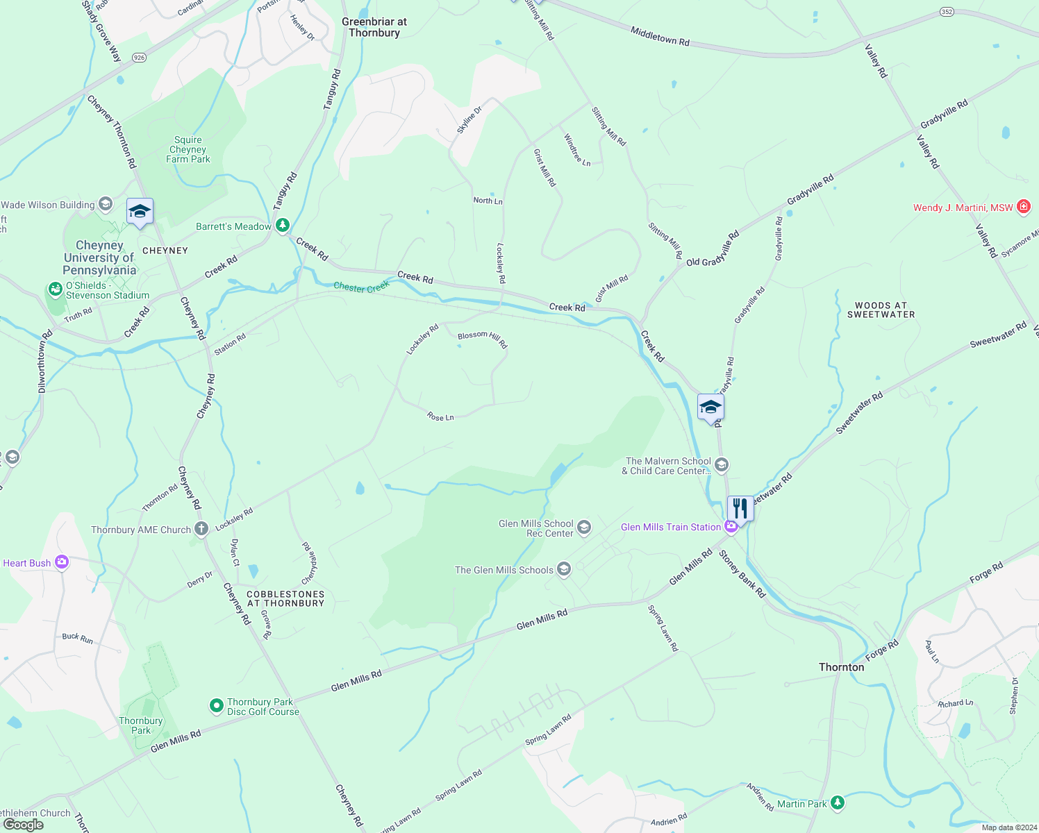 map of restaurants, bars, coffee shops, grocery stores, and more near 42 Rose Lane in Glen Mills
