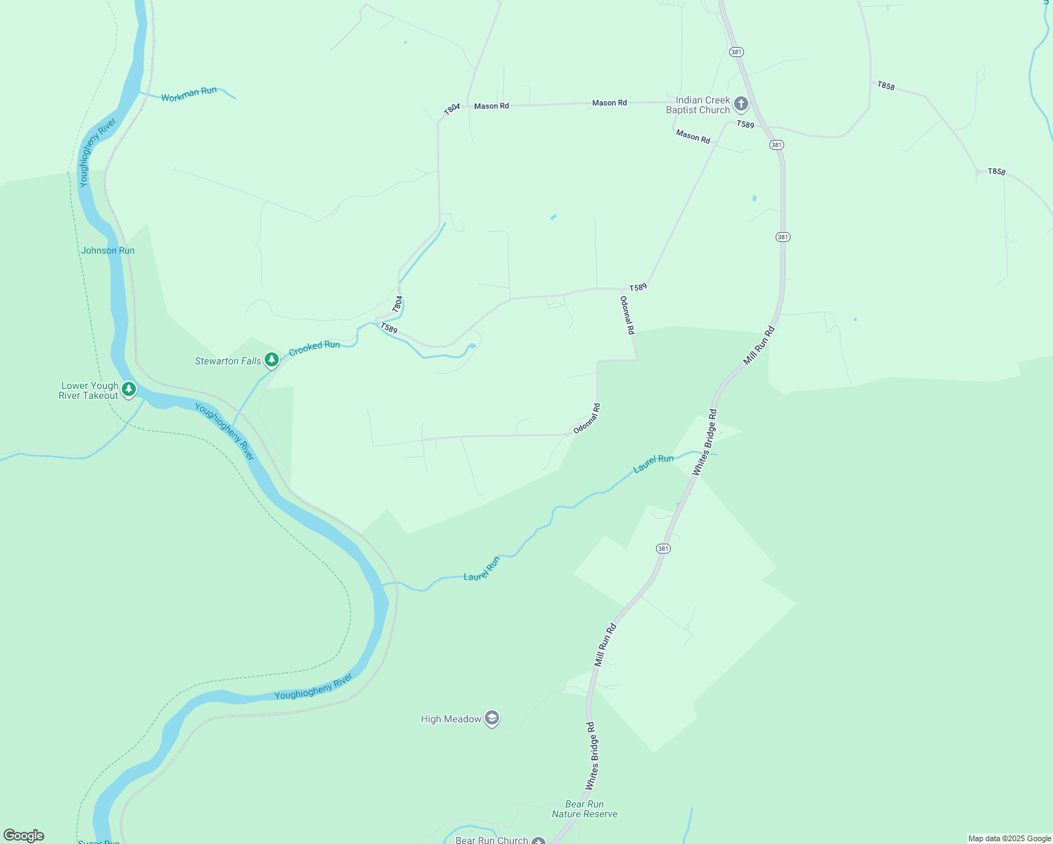 map of restaurants, bars, coffee shops, grocery stores, and more near 270 Odonnal Road in Mill Run