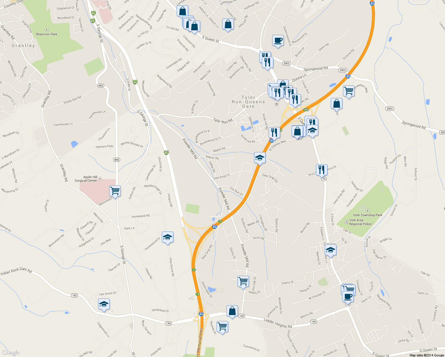 map of restaurants, bars, coffee shops, grocery stores, and more near 20 Dew Drop Court in York