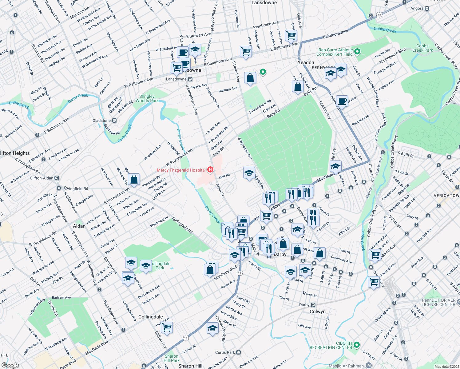 map of restaurants, bars, coffee shops, grocery stores, and more near 54 Branford Rd in Darby