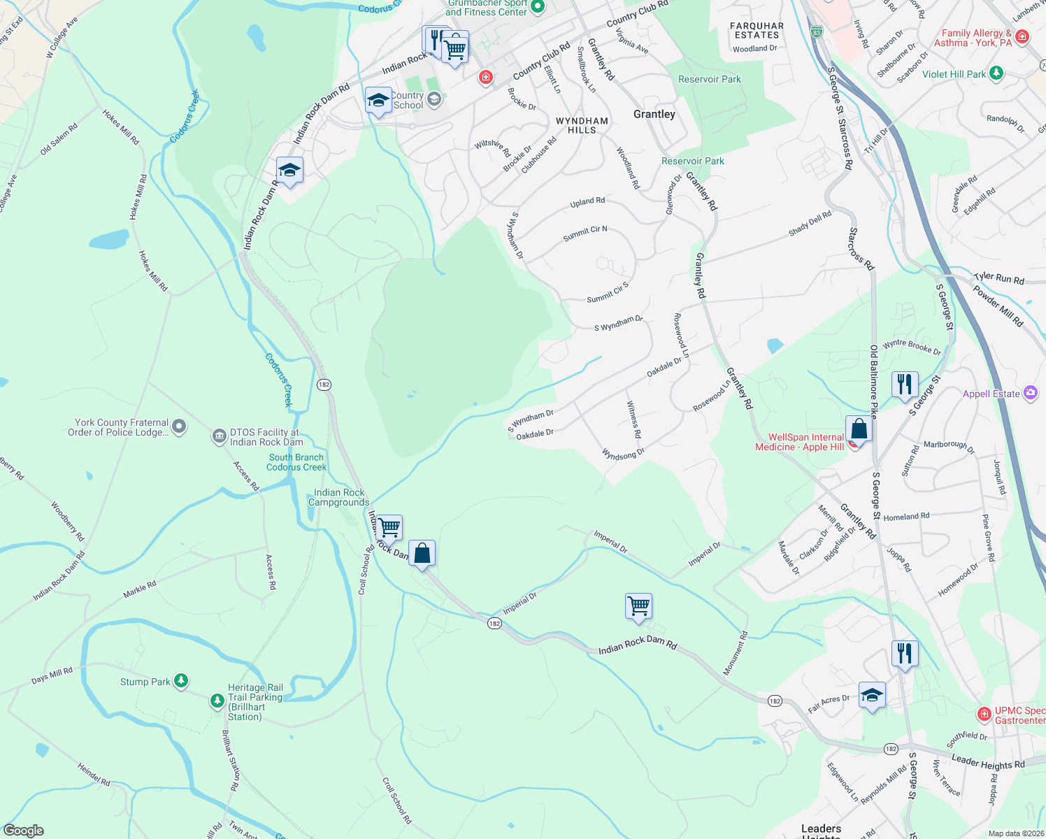 map of restaurants, bars, coffee shops, grocery stores, and more near 1755 Wyndham Drive in York