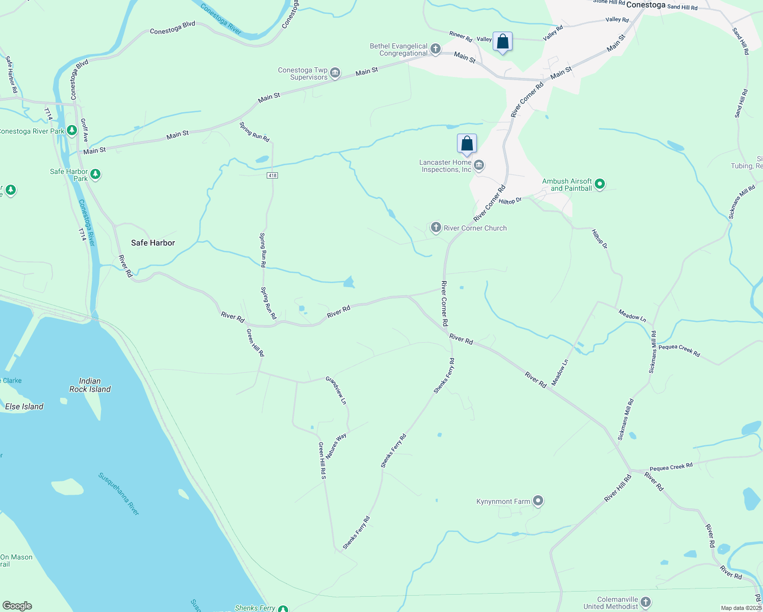 map of restaurants, bars, coffee shops, grocery stores, and more near 6240 River Road in Conestoga