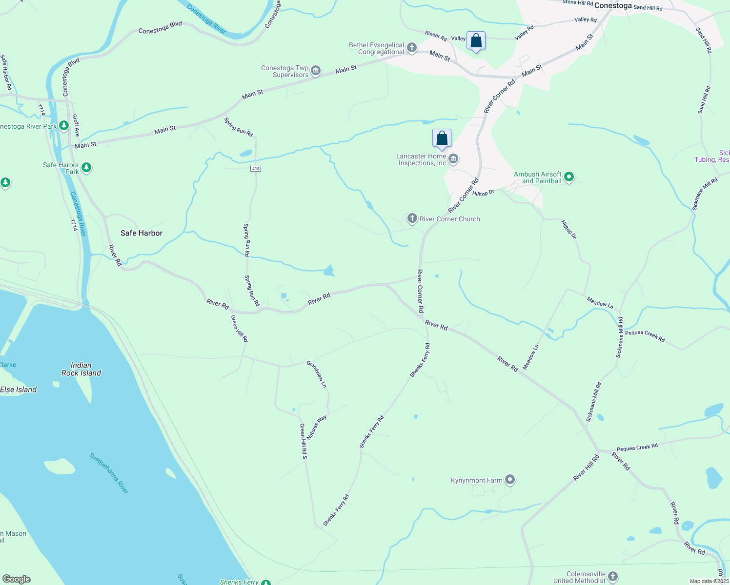 map of restaurants, bars, coffee shops, grocery stores, and more near 6240 River Road in Conestoga